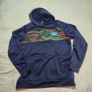 Nike Dri Fit Hoodie Men's M Dark Blue Graphic Logo Front Pullover Long Sleeves